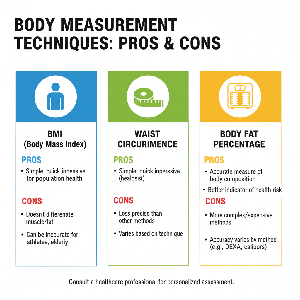 Infographic comparing different body measurement techniques (BMI, waist circumference, body fat percentage) with pros and cons of each